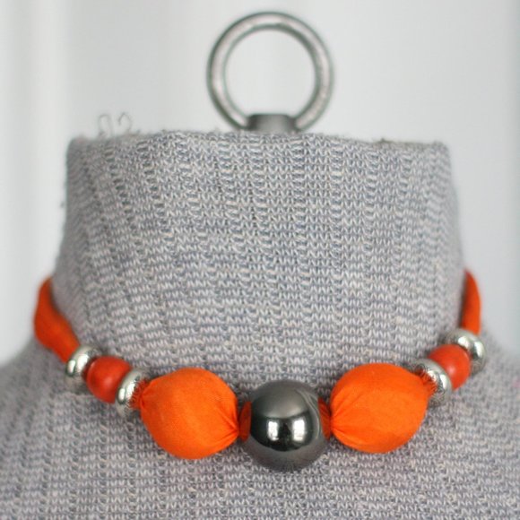Silver/Orange Cloth Covered Bead Tie on Necklace - Picture 1 of 4